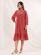 Janasya Dark Dobby Chiffon Embroidered Tiered Dress | Grocsy