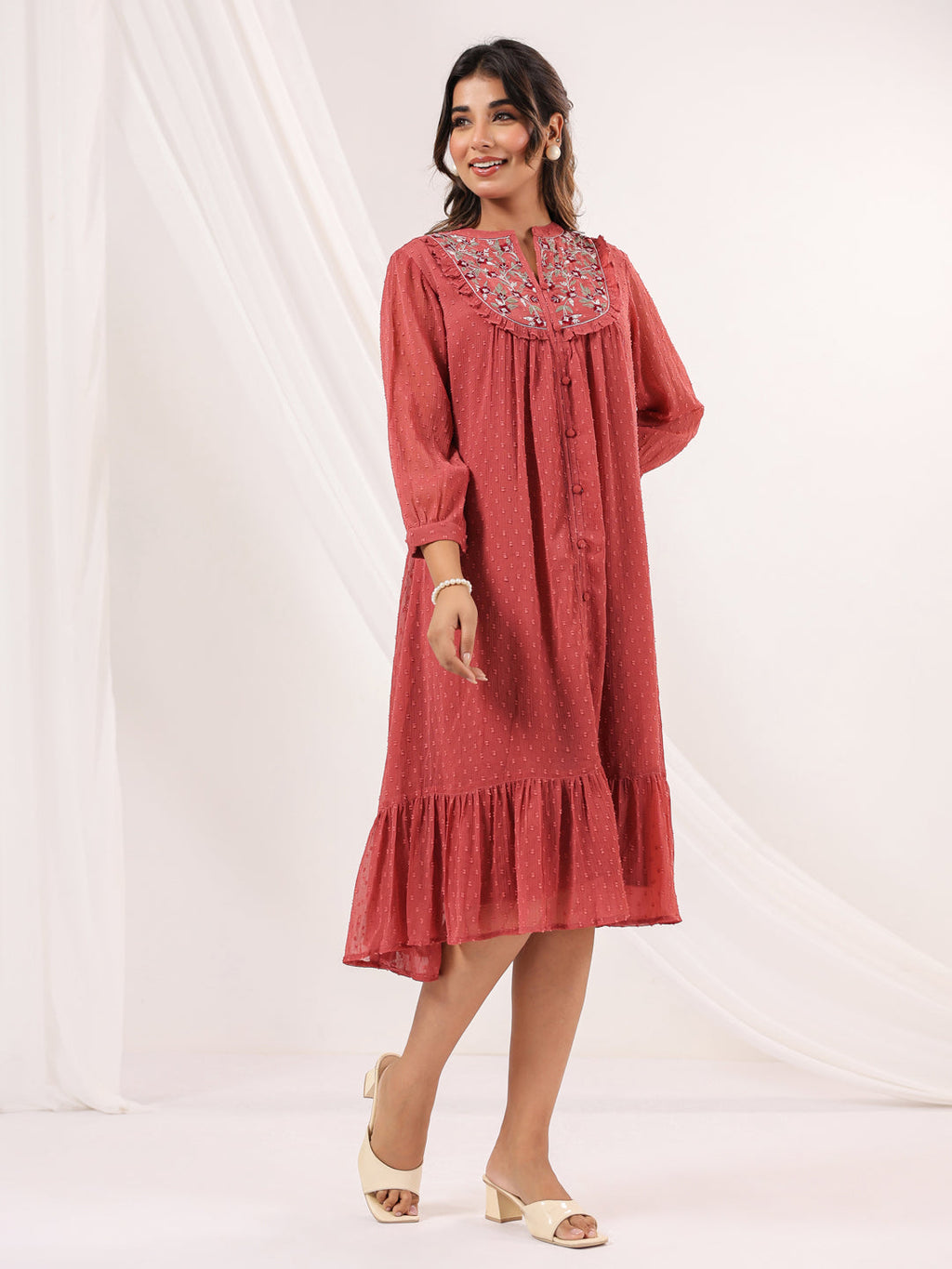 Janasya Dark Dobby Chiffon Embroidered Tiered Dress | Grocsy