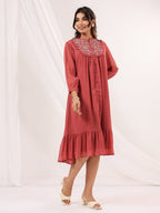 Janasya Dark Dobby Chiffon Embroidered Tiered Dress | Grocsy