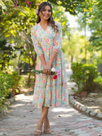 Janasya Bright Georgette Floral Tiered Dress | Grocsy