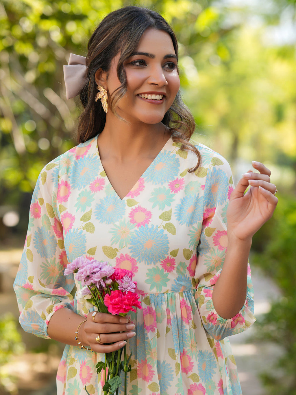 Janasya Bright Georgette Floral Tiered Dress | Grocsy