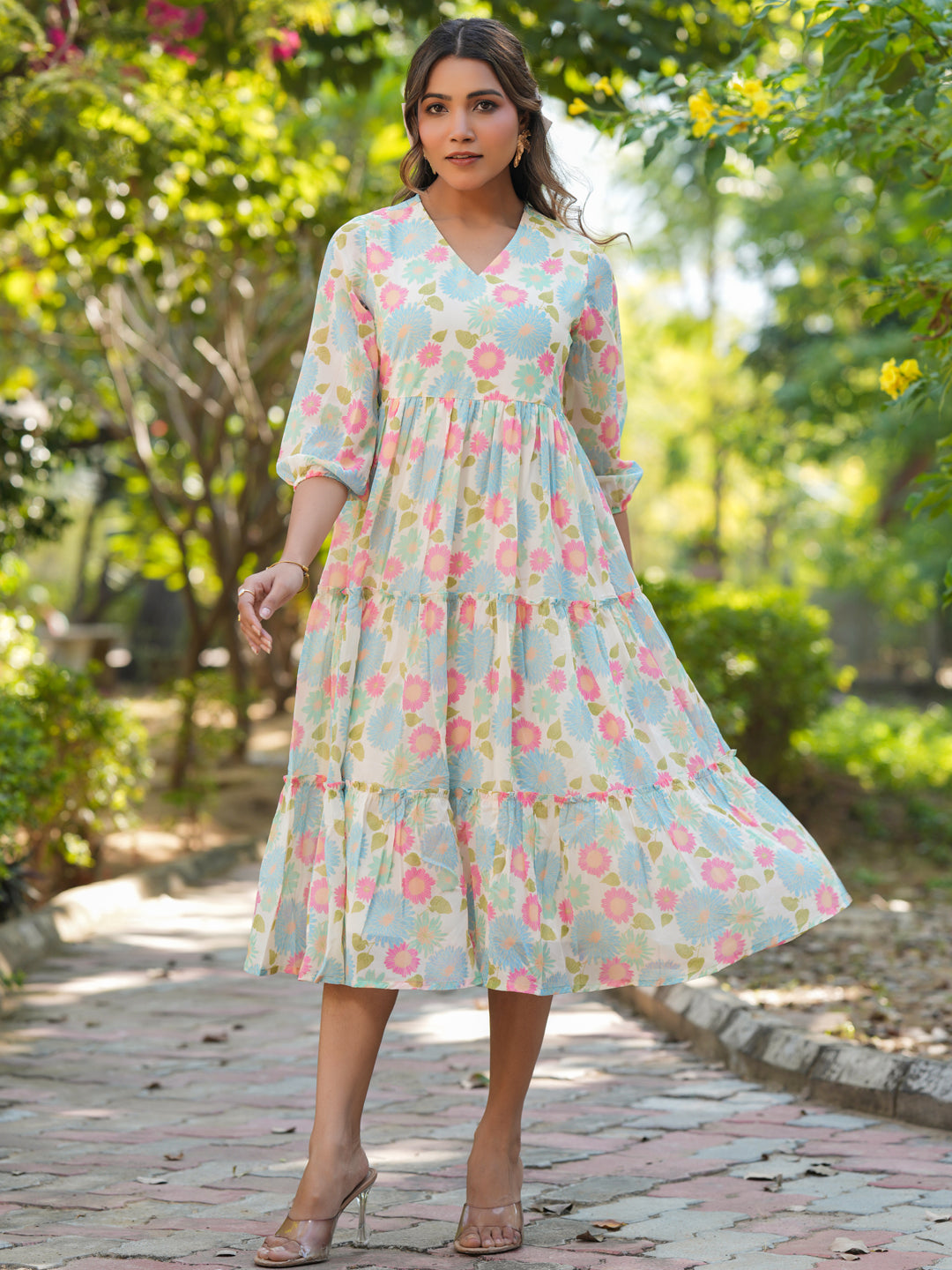 Janasya Bright Georgette Floral Tiered Dress | Grocsy
