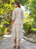 Janasya Bright Georgette Floral Tiered Dress | Grocsy
