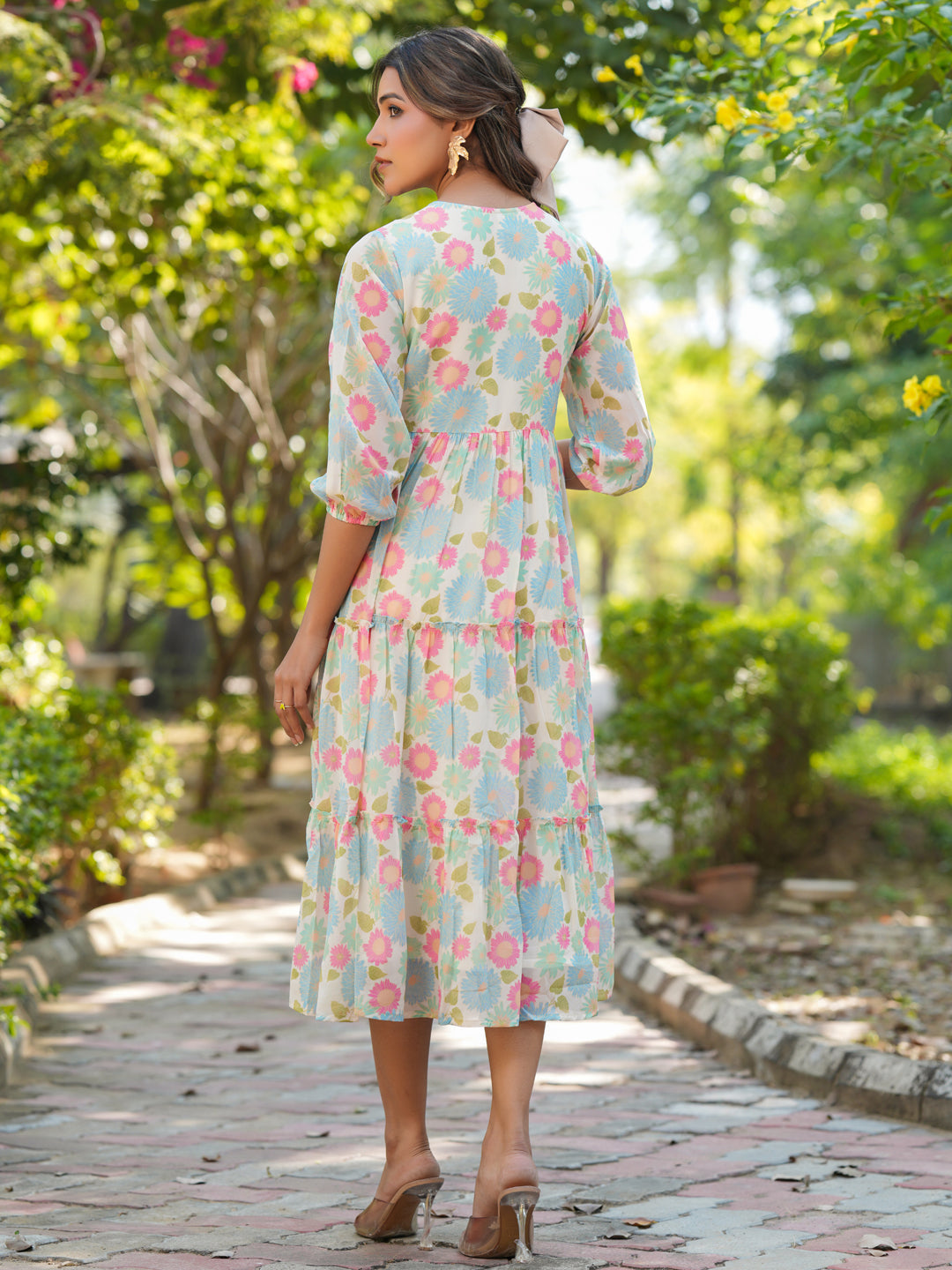 Janasya Bright Georgette Floral Tiered Dress | Grocsy