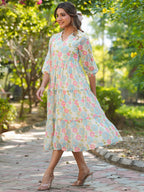 Janasya Bright Georgette Floral Tiered Dress | Grocsy