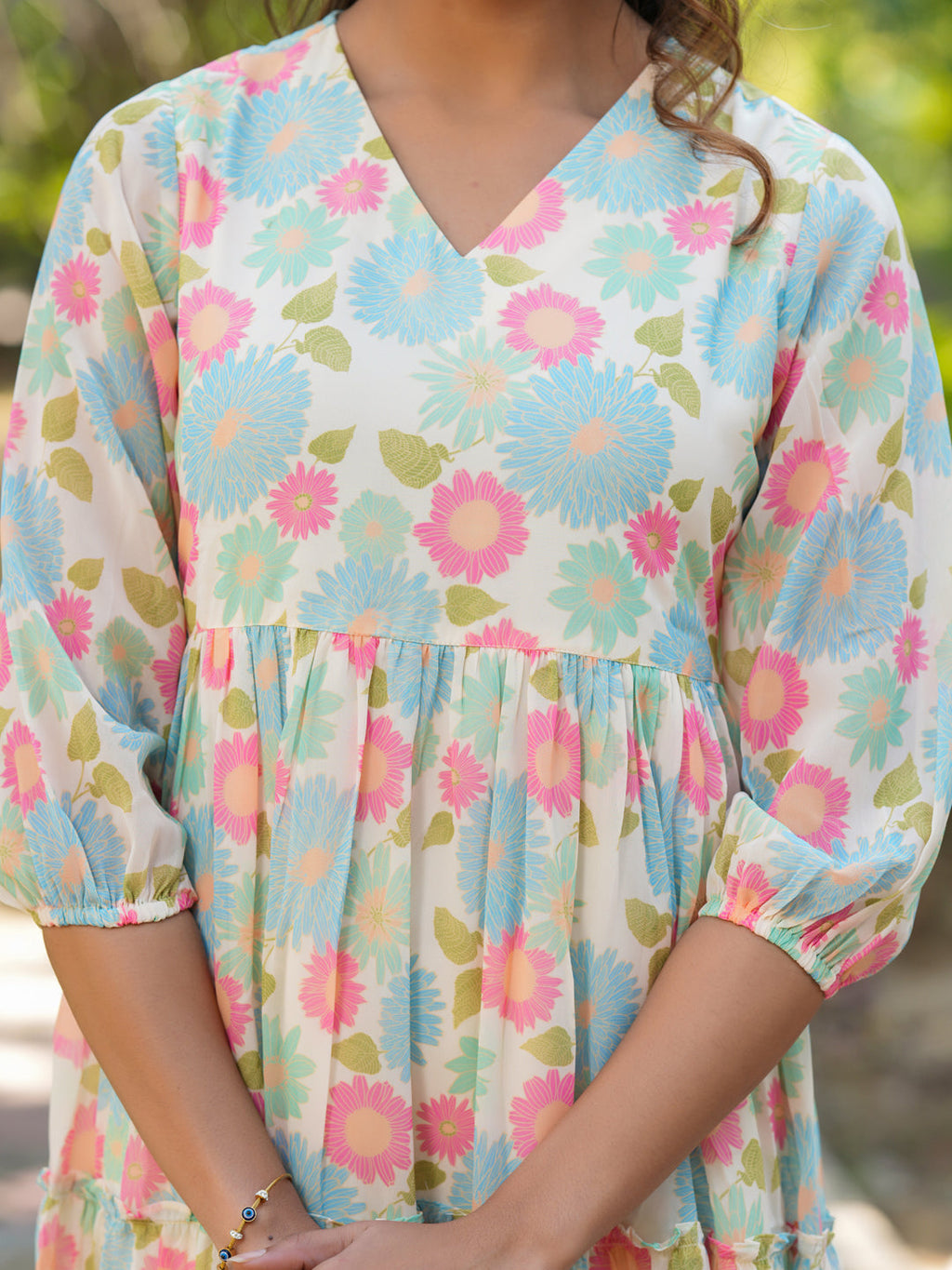 Janasya Bright Georgette Floral Tiered Dress | Grocsy