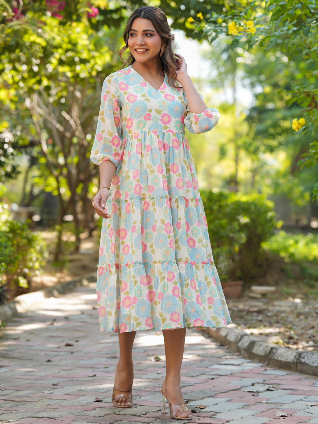 Janasya Bright Georgette Floral Tiered Dress | Grocsy