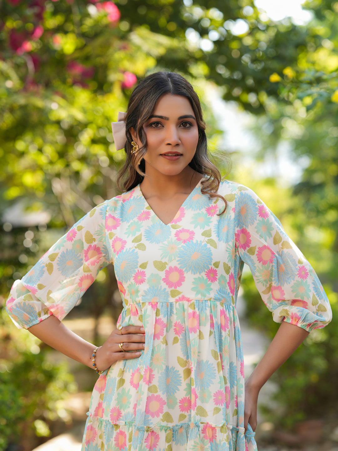 Janasya Bright Georgette Floral Tiered Dress | Grocsy