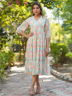 Janasya Bright Georgette Floral Tiered Dress | Grocsy