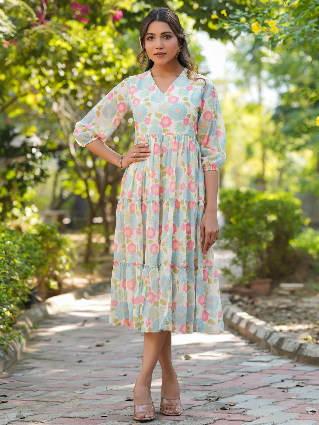 Janasya Bright Georgette Floral Tiered Dress | Grocsy