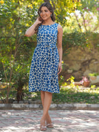 Janasya Dark Cotton Abstract A-Line Dress | Grocsy