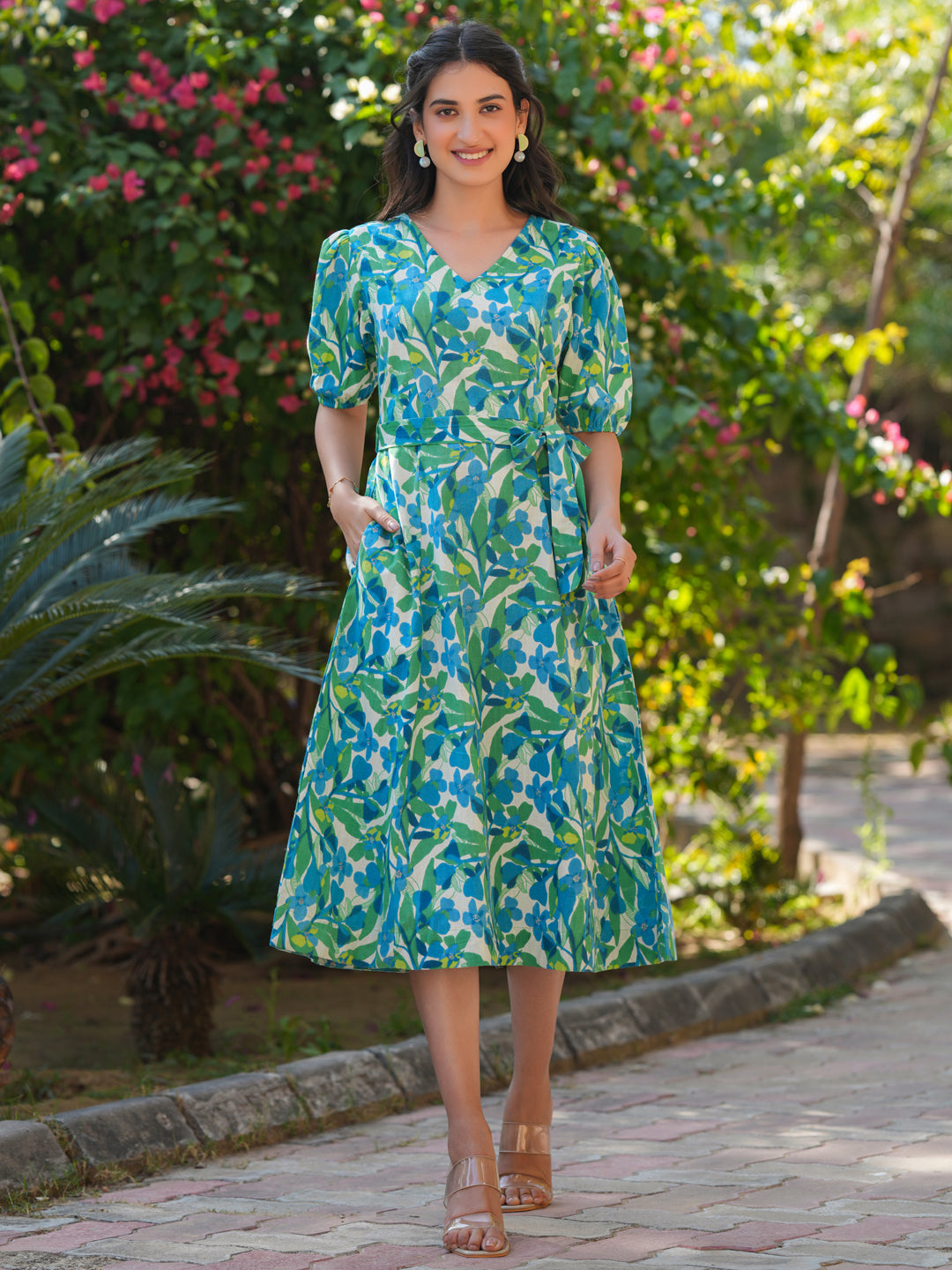 Janasya Bright Cotton Floral Fit & Flare Dress | Grocsy