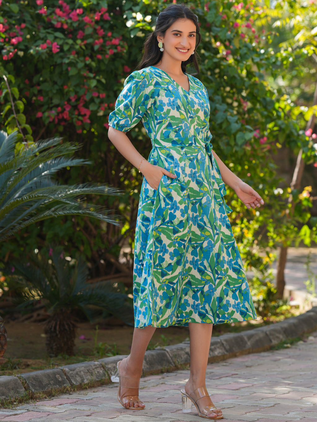 Janasya Bright Cotton Floral Fit & Flare Dress | Grocsy