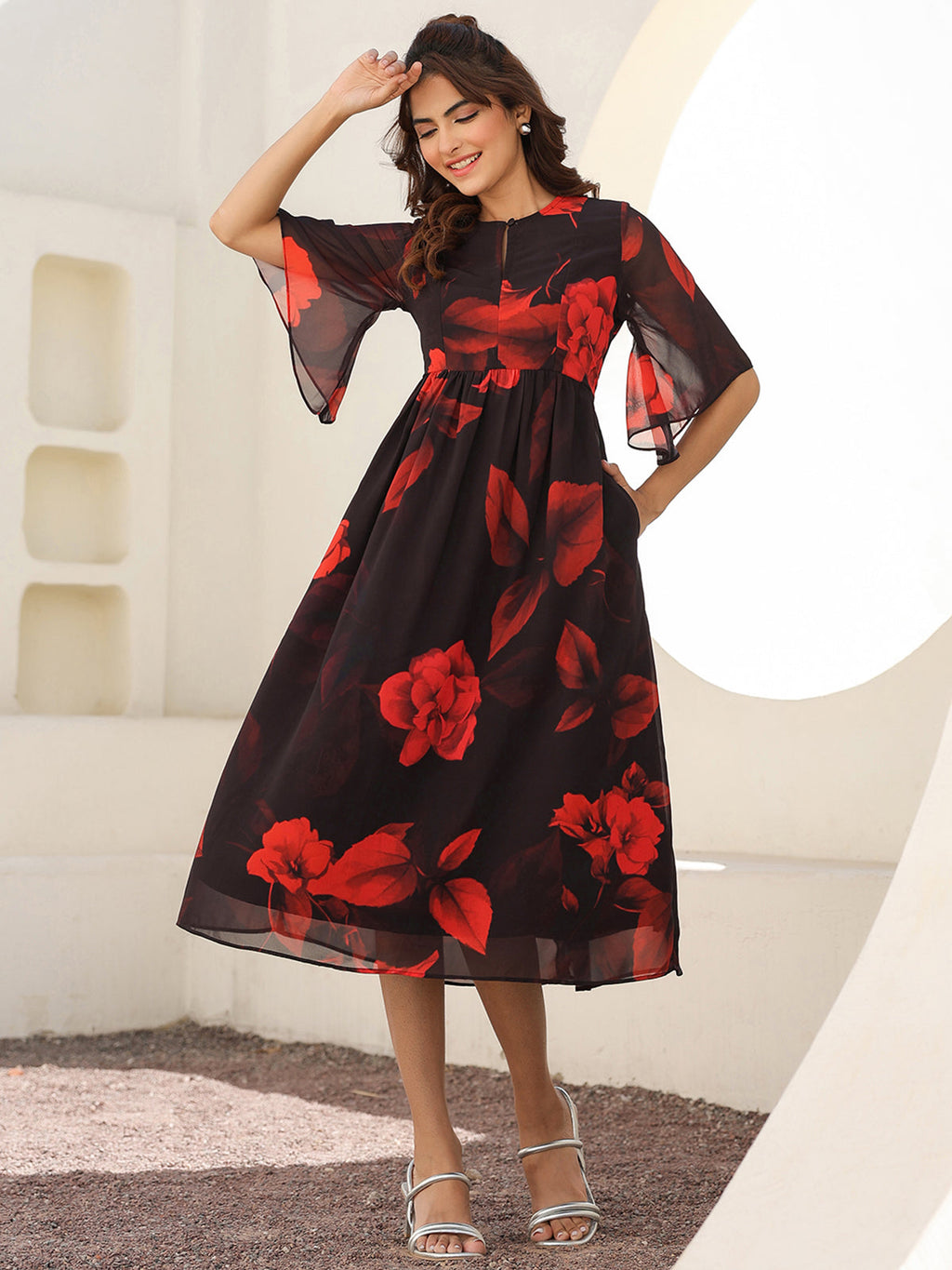 Janasya Dark Georgette Floral A-Line Dress | Grocsy