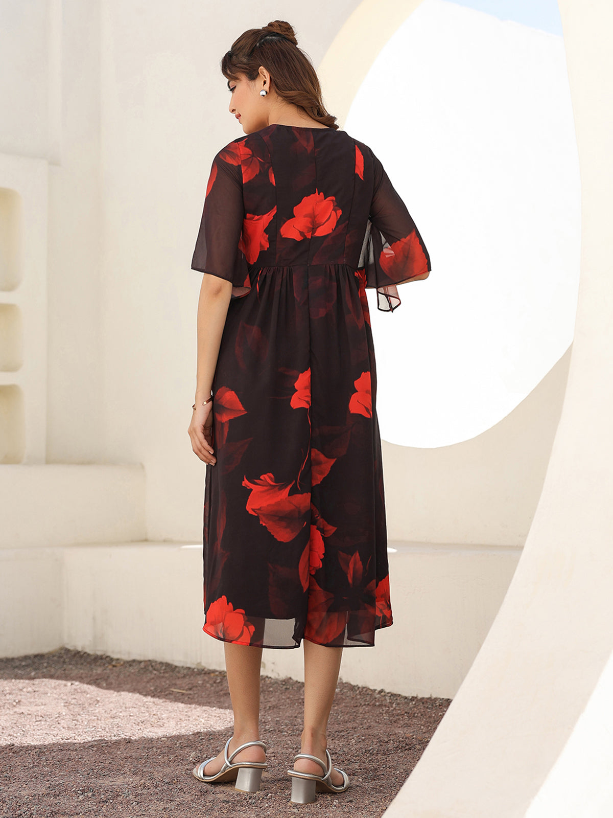 Janasya Dark Georgette Floral A-Line Dress | Grocsy
