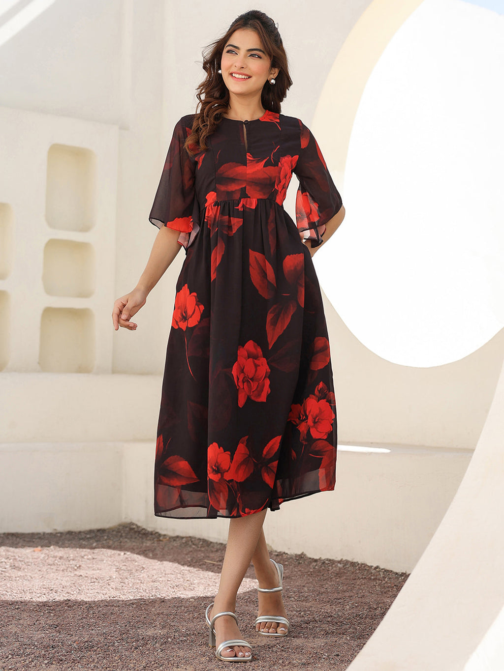 Janasya Dark Georgette Floral A-Line Dress | Grocsy
