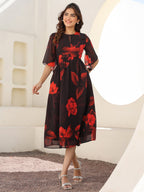 Janasya Dark Georgette Floral A-Line Dress | Grocsy