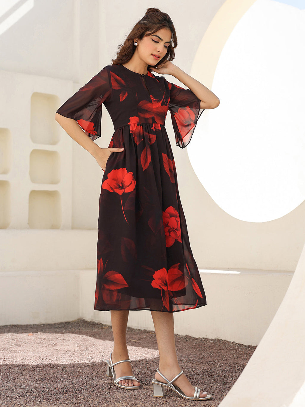 Janasya Dark Georgette Floral A-Line Dress | Grocsy