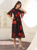 Janasya Dark Georgette Floral A-Line Dress | Grocsy