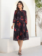 Janasya Dark Georgette Floral Tiered Dress | Grocsy