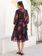 Janasya Dark Georgette Floral Tiered Dress | Grocsy