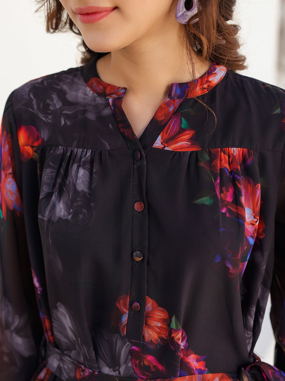 Janasya Dark Georgette Floral Tiered Dress | Grocsy
