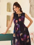 Janasya Dark Georgette Floral Gathered Dress | Grocsy