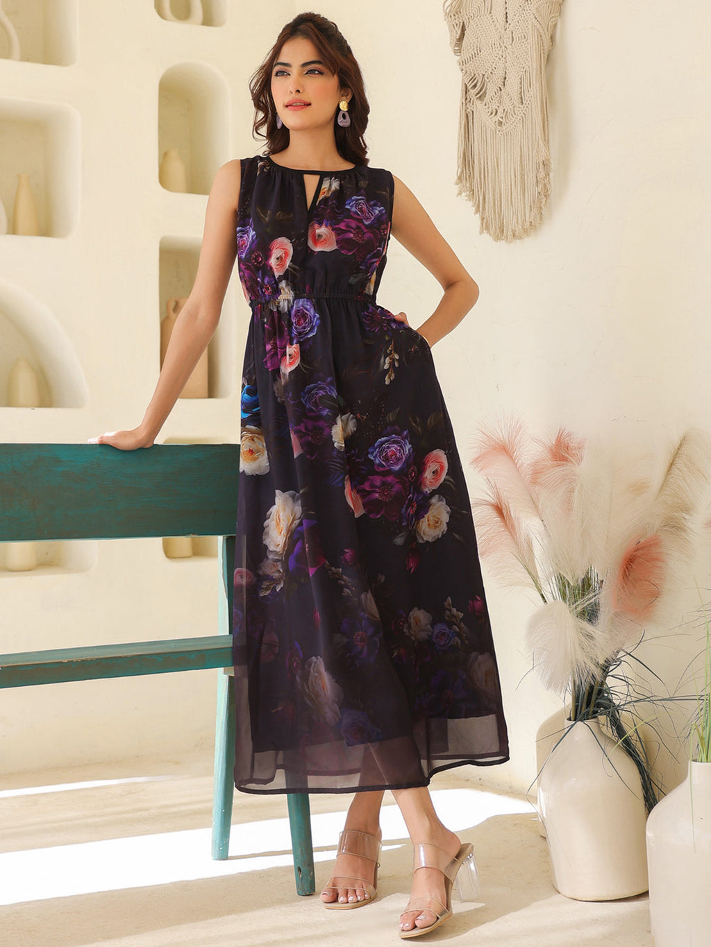 Janasya Dark Georgette Floral Gathered Dress | Grocsy