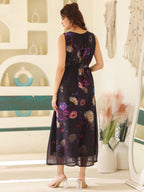 Janasya Dark Georgette Floral Gathered Dress | Grocsy