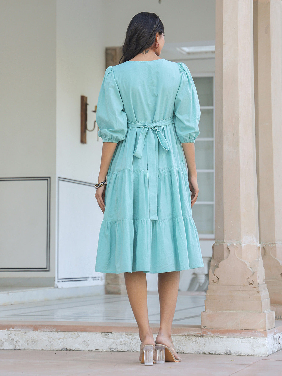 Janasya Light Cotton Solid Tiered Dress | Grocsy