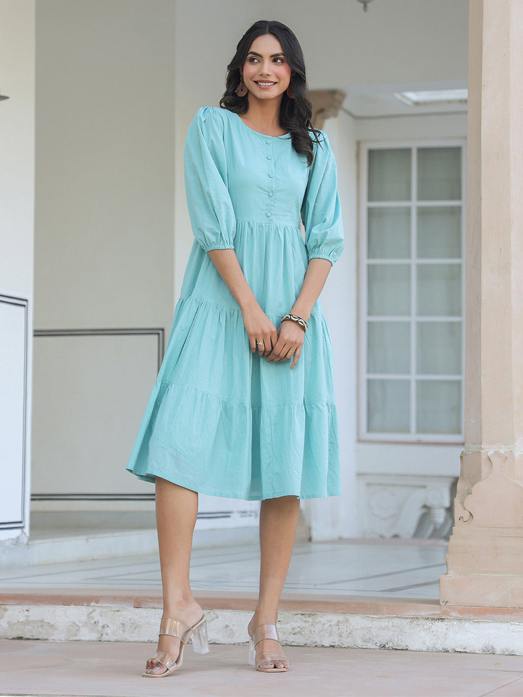Janasya Light Cotton Solid Tiered Dress | Grocsy