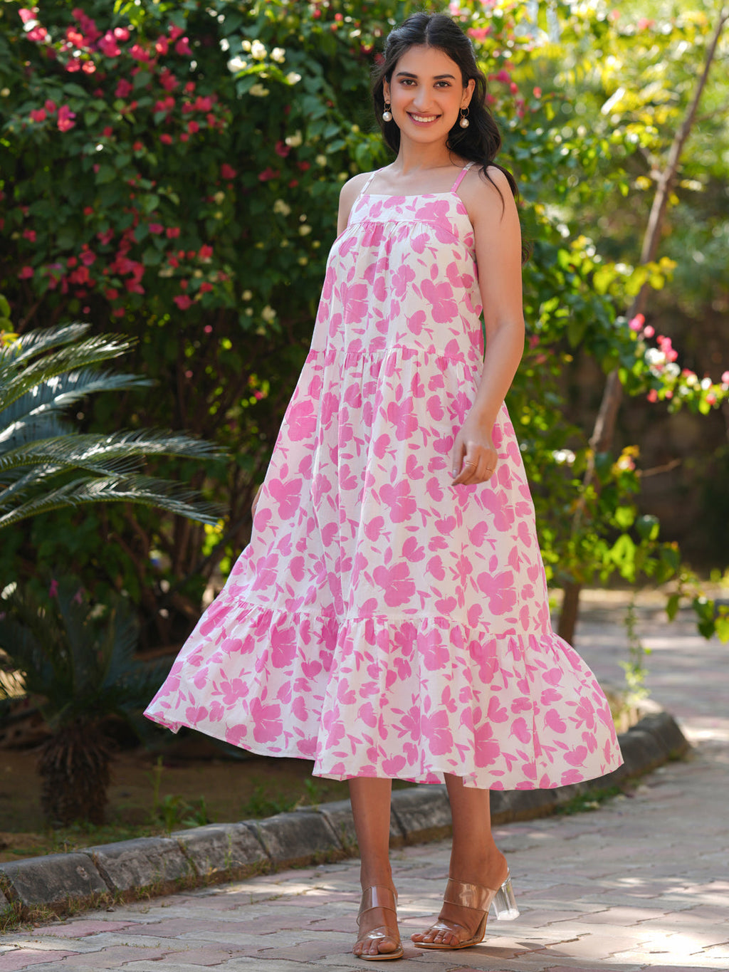 Janasya Light Cotton Abstract Tiered Dress | Grocsy