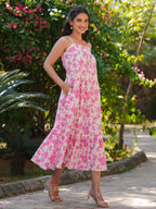 Janasya Light Cotton Abstract Tiered Dress | Grocsy