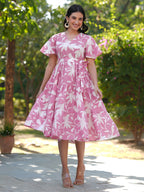 Janasya Light Cotton Floral Tiered Dress | Grocsy