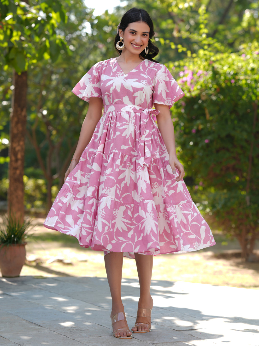 Janasya Light Cotton Floral Tiered Dress | Grocsy