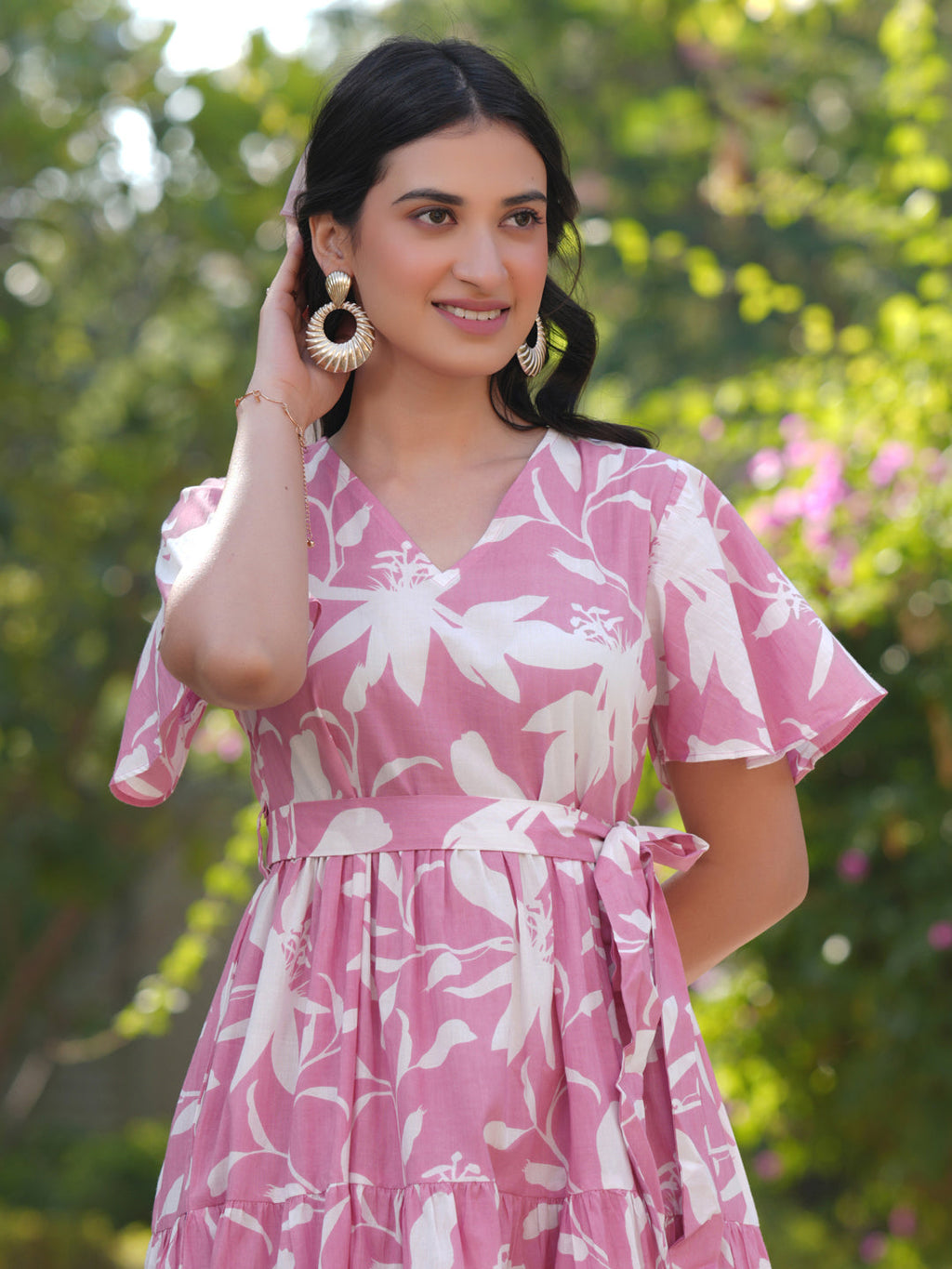 Janasya Light Cotton Floral Tiered Dress | Grocsy