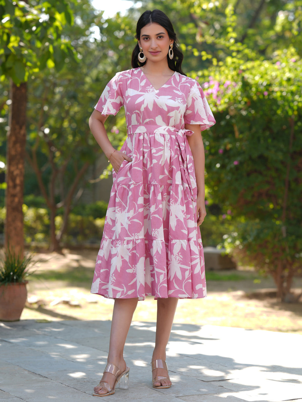 Janasya Light Cotton Floral Tiered Dress | Grocsy