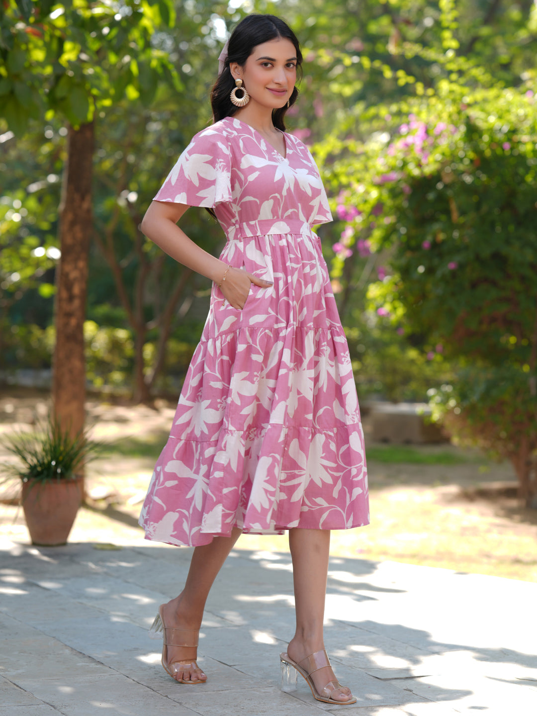 Janasya Light Cotton Floral Tiered Dress | Grocsy