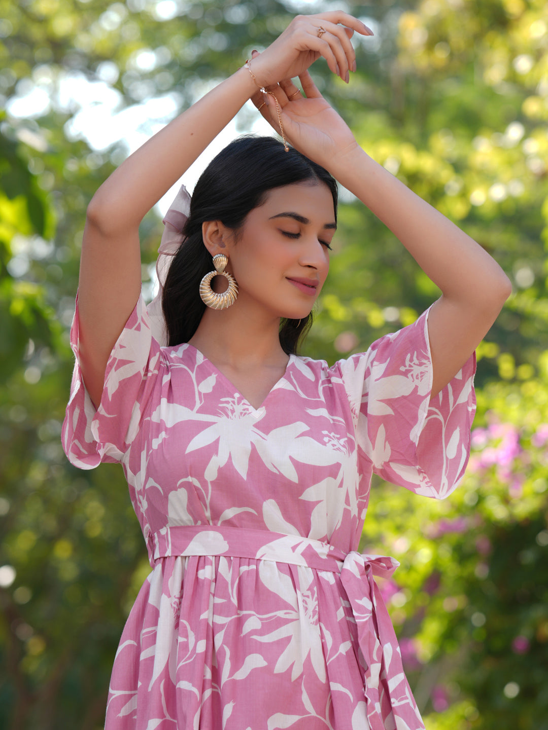Janasya Light Cotton Floral Tiered Dress | Grocsy