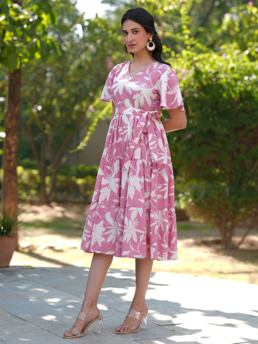 Janasya Light Cotton Floral Tiered Dress | Grocsy