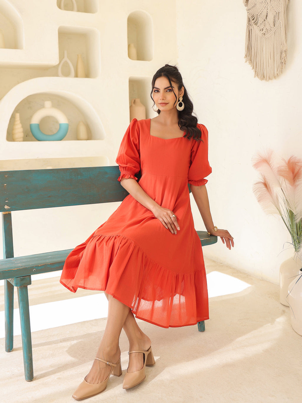 Janasya Light Cotton Solid A-Line Dress | Grocsy