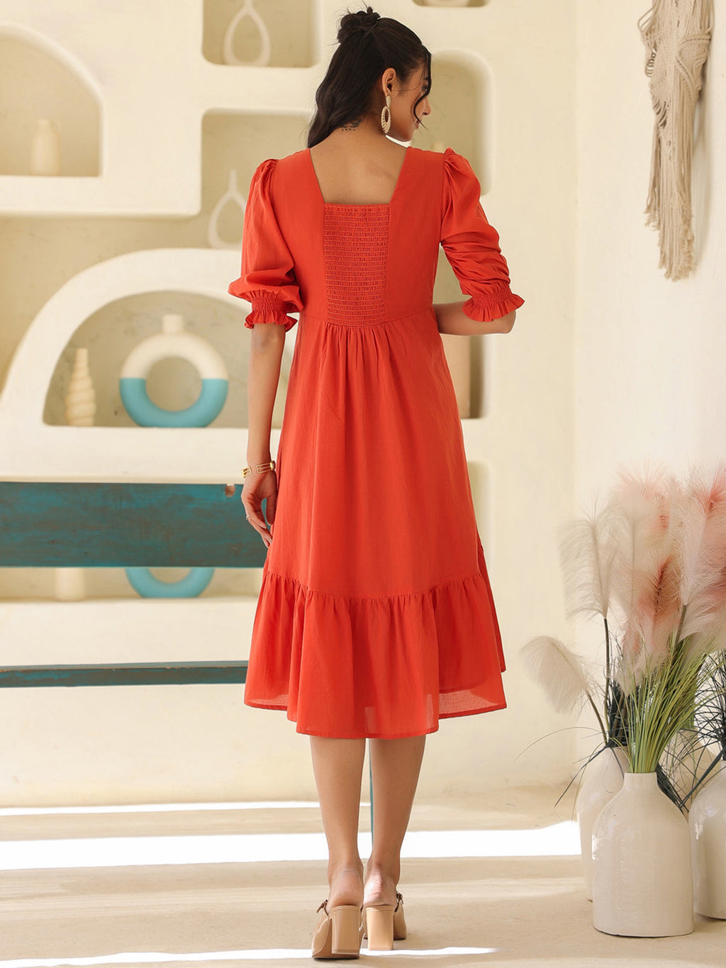 Janasya Light Cotton Solid A-Line Dress | Grocsy