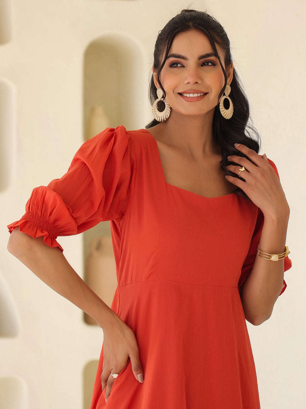 Janasya Light Cotton Solid A-Line Dress | Grocsy
