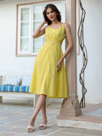 Janasya Bright Cotton Solid A-Line Dress | Grocsy