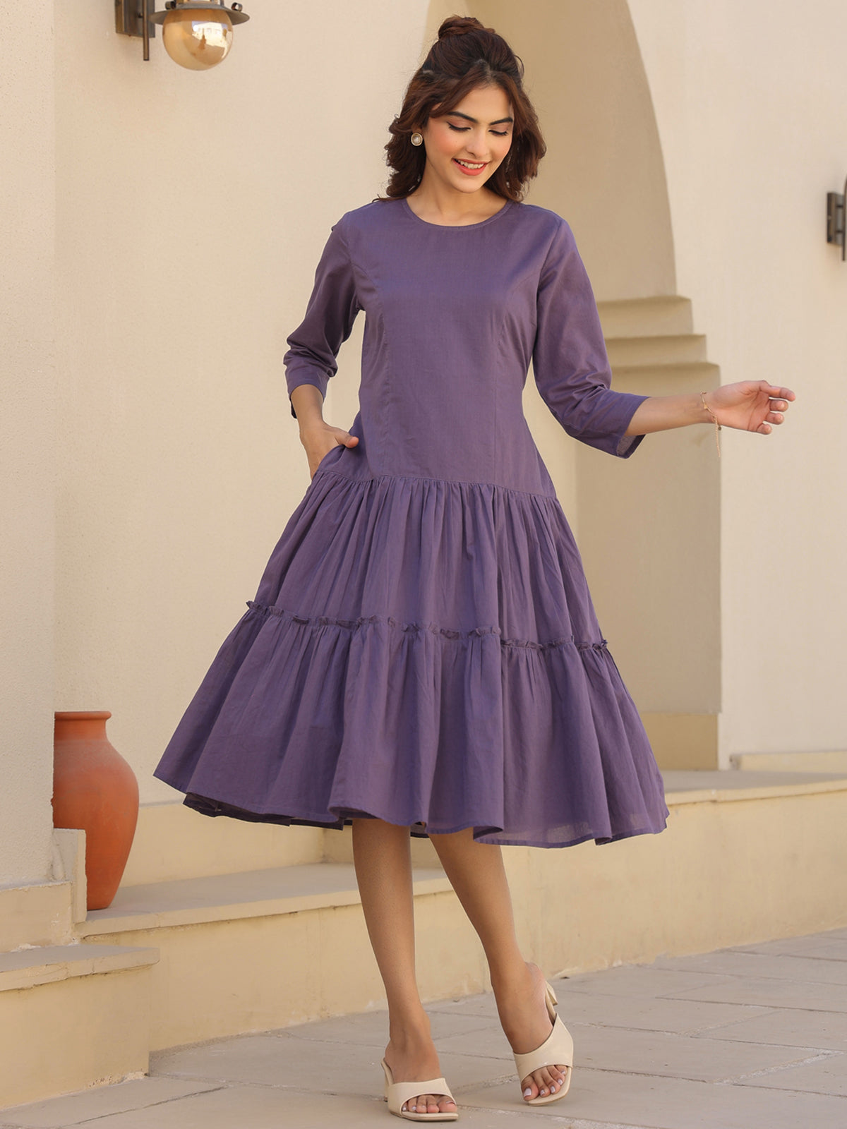 Janasya Light Cotton Solid A-Line DRESS | Grocsy