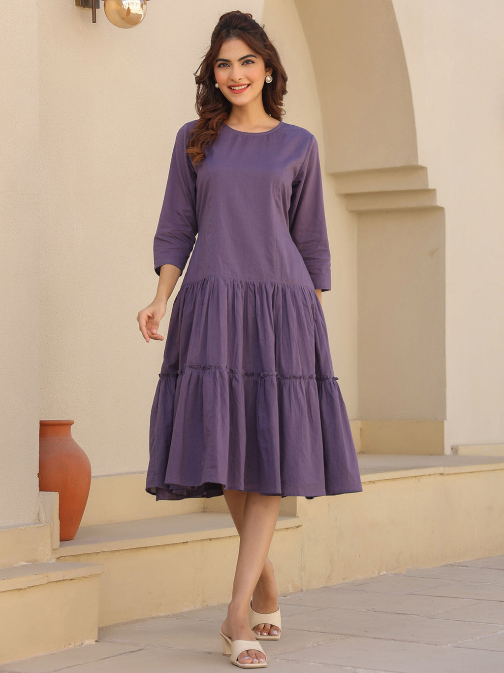 Janasya Light Cotton Solid A-Line DRESS | Grocsy