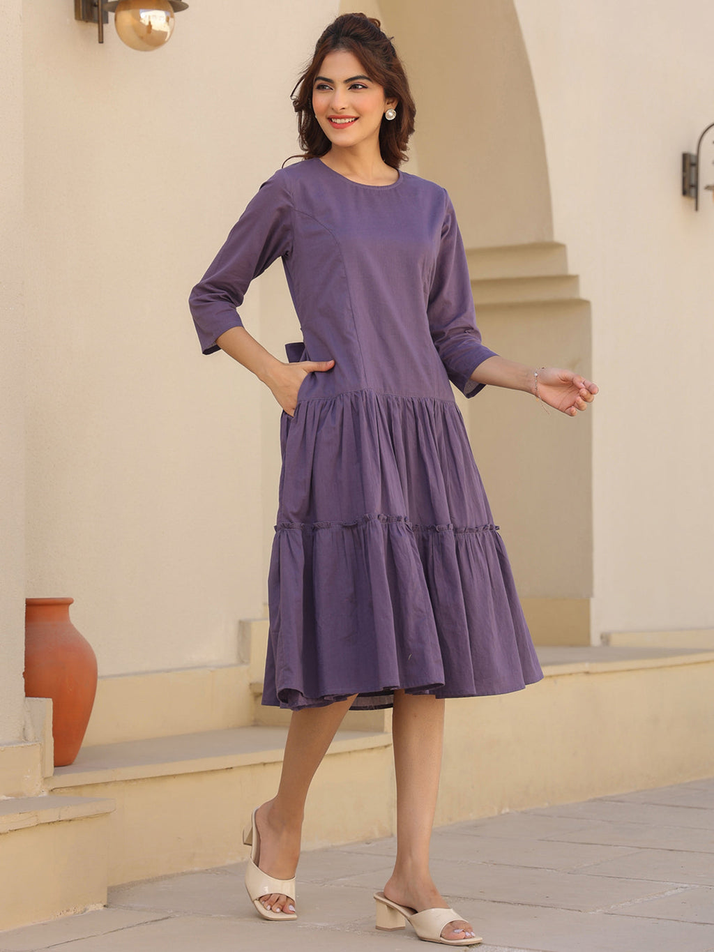 Janasya Light Cotton Solid A-Line DRESS | Grocsy