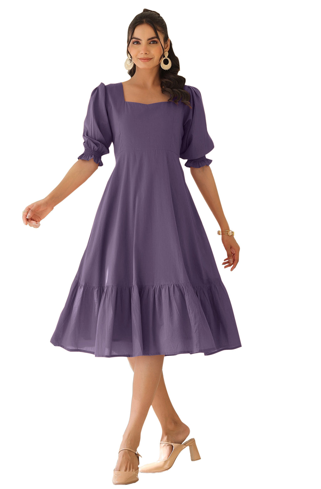 Janasya Light Cotton Solid A-Line Dress | Grocsy