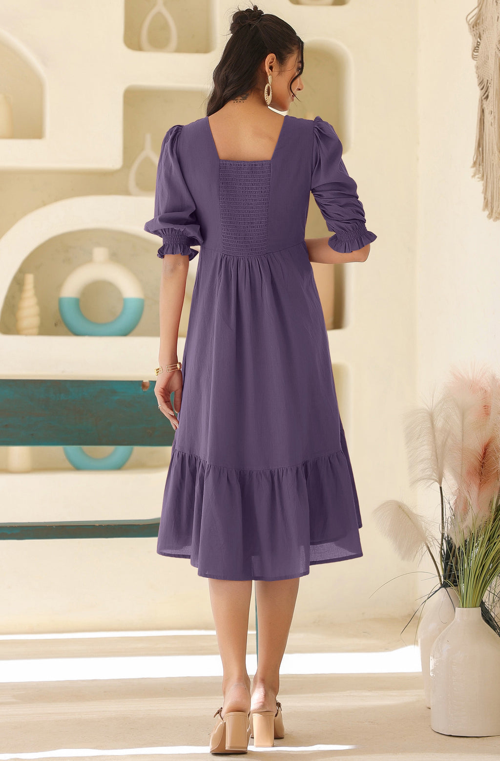 Janasya Light Cotton Solid A-Line Dress | Grocsy