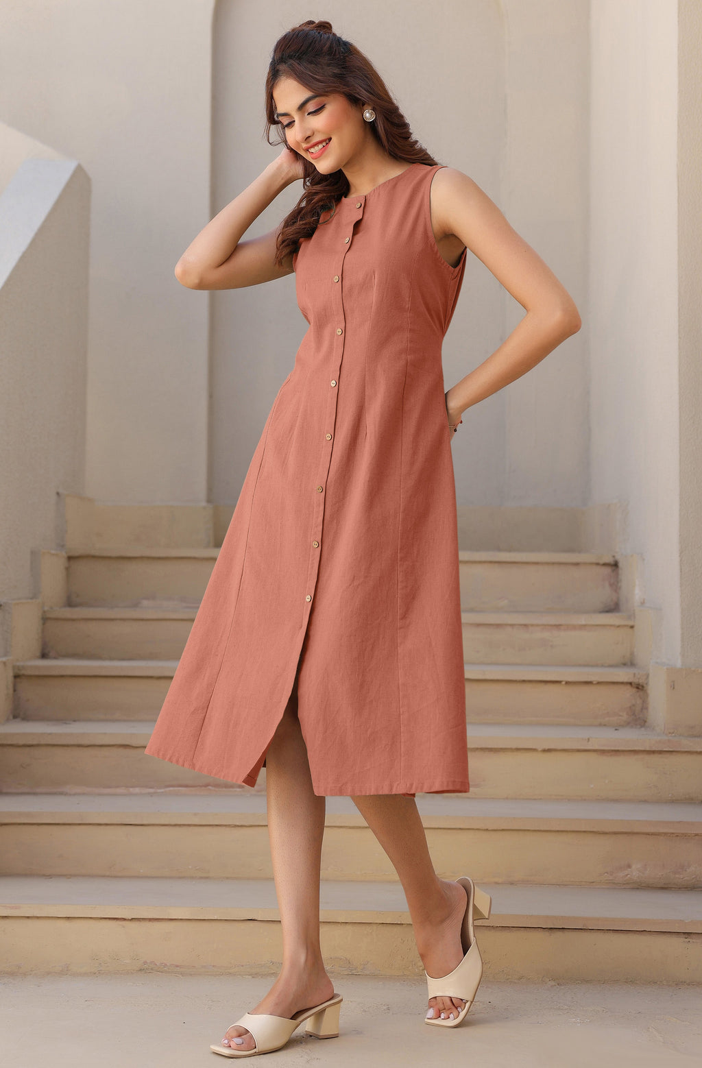 Janasya Dark Cotton Solid A-Line Dress | Grocsy